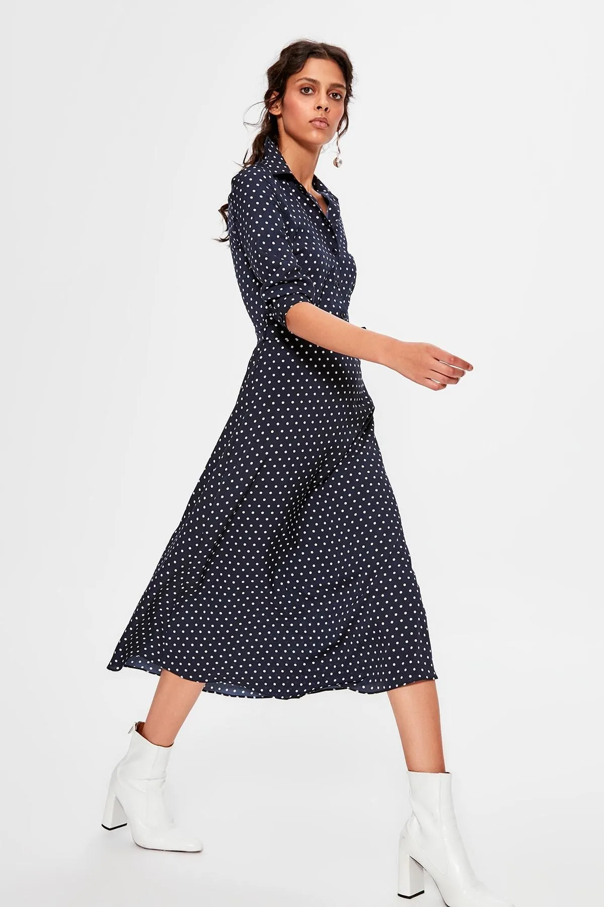 13064 Navy Blue Polka Dot Tie Waist Dress