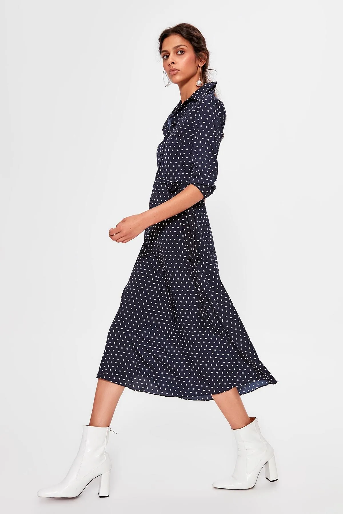 13064 Navy Blue Polka Dot Tie Waist Dress