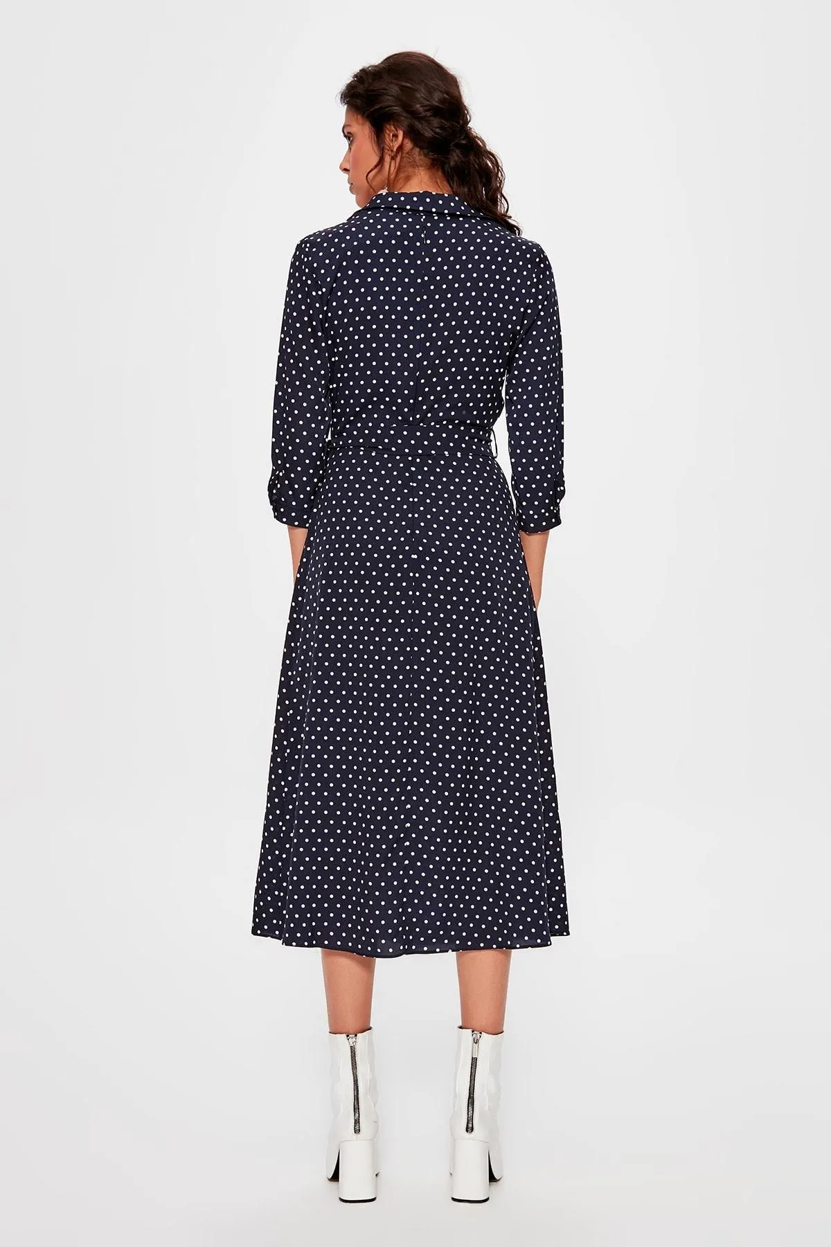 13064 Navy Blue Polka Dot Tie Waist Dress
