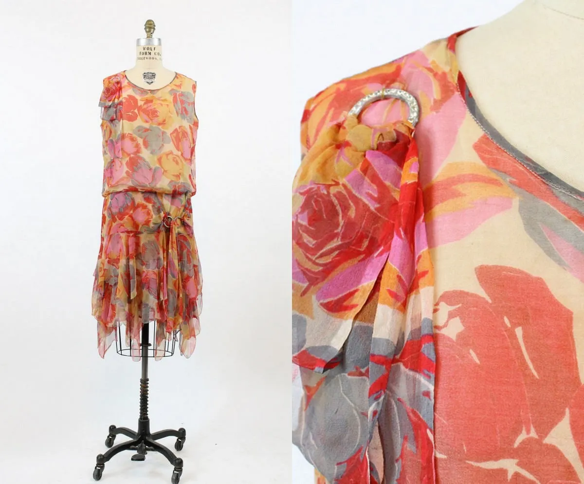1920s ART DECO rose print silk dress small medium | new fall