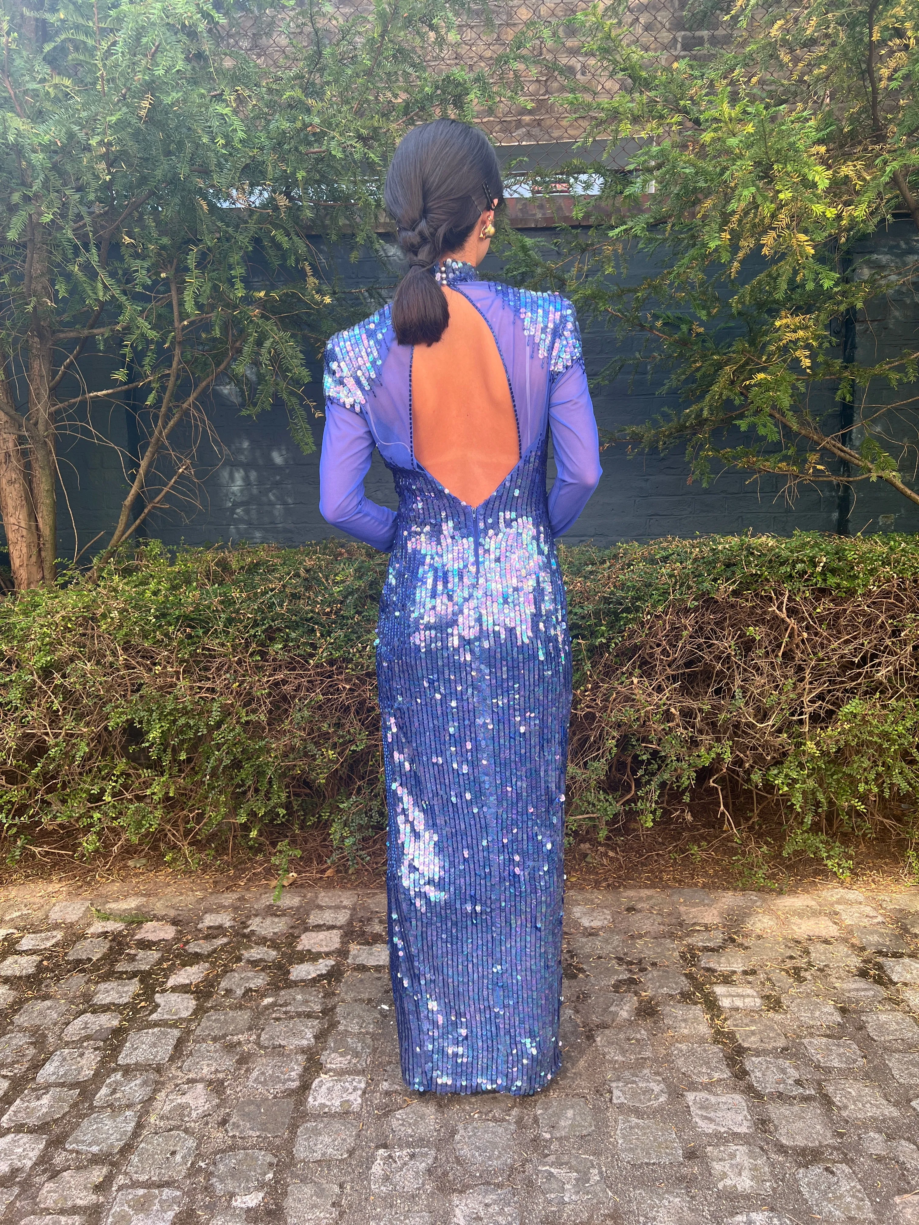 1980s Casadei Blue Sequined Maxi Dress