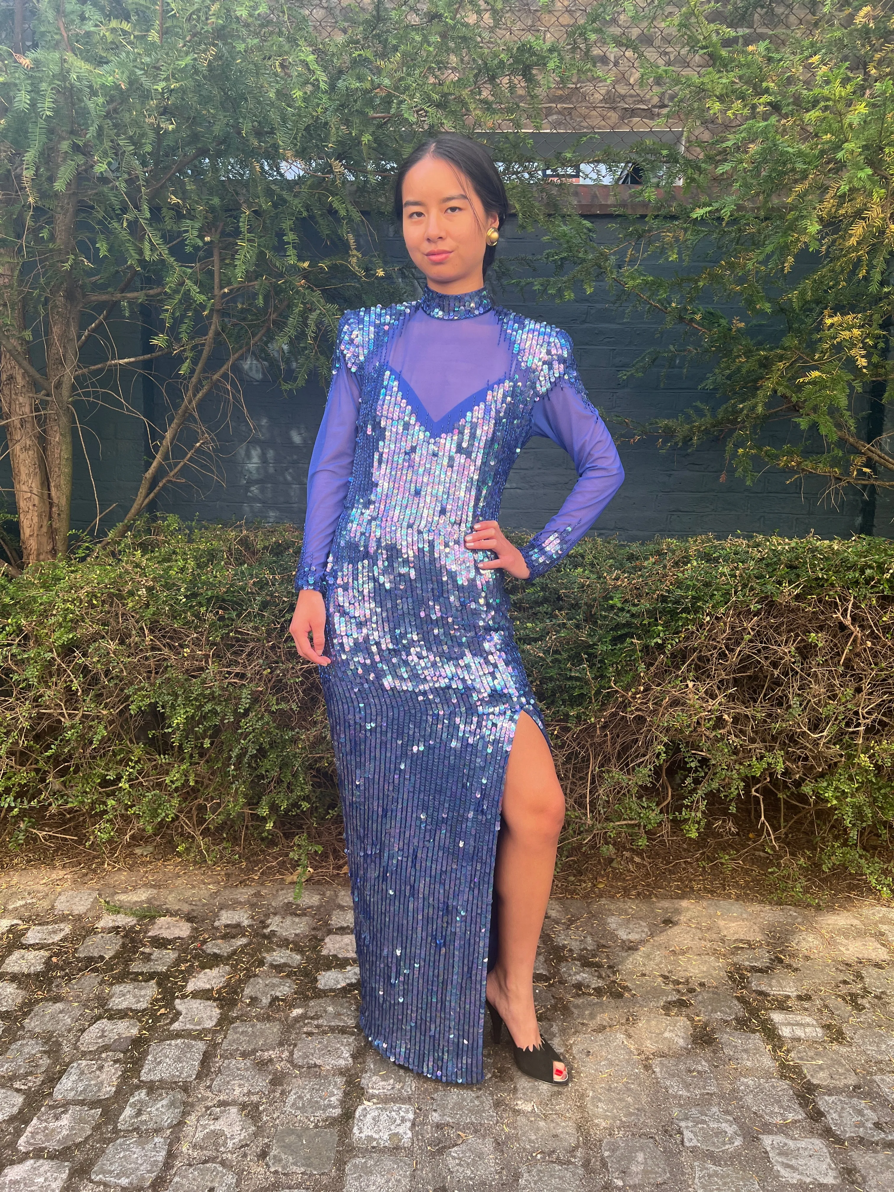 1980s Casadei Blue Sequined Maxi Dress