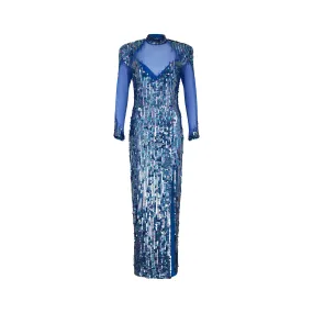 1980s Casadei Blue Sequined Maxi Dress