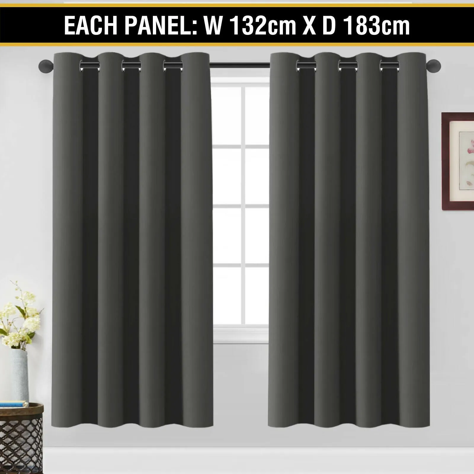 2 x Blockout Curtains Blackout Bedroom Curtain Draperies Eyelet ,Dark Grey