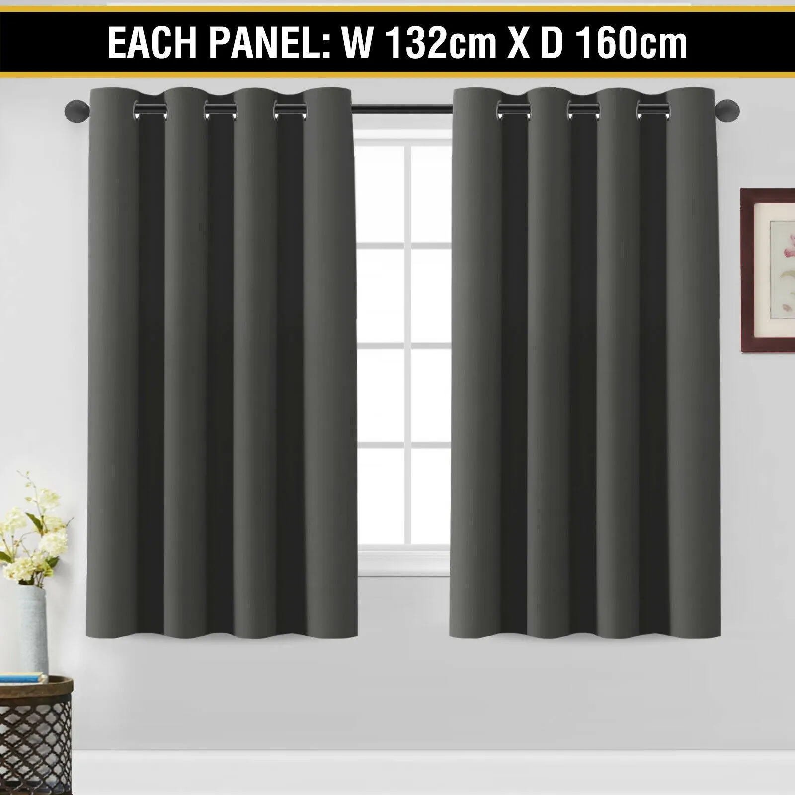 2 x Blockout Curtains Blackout Bedroom Curtain Draperies Eyelet ,Dark Grey