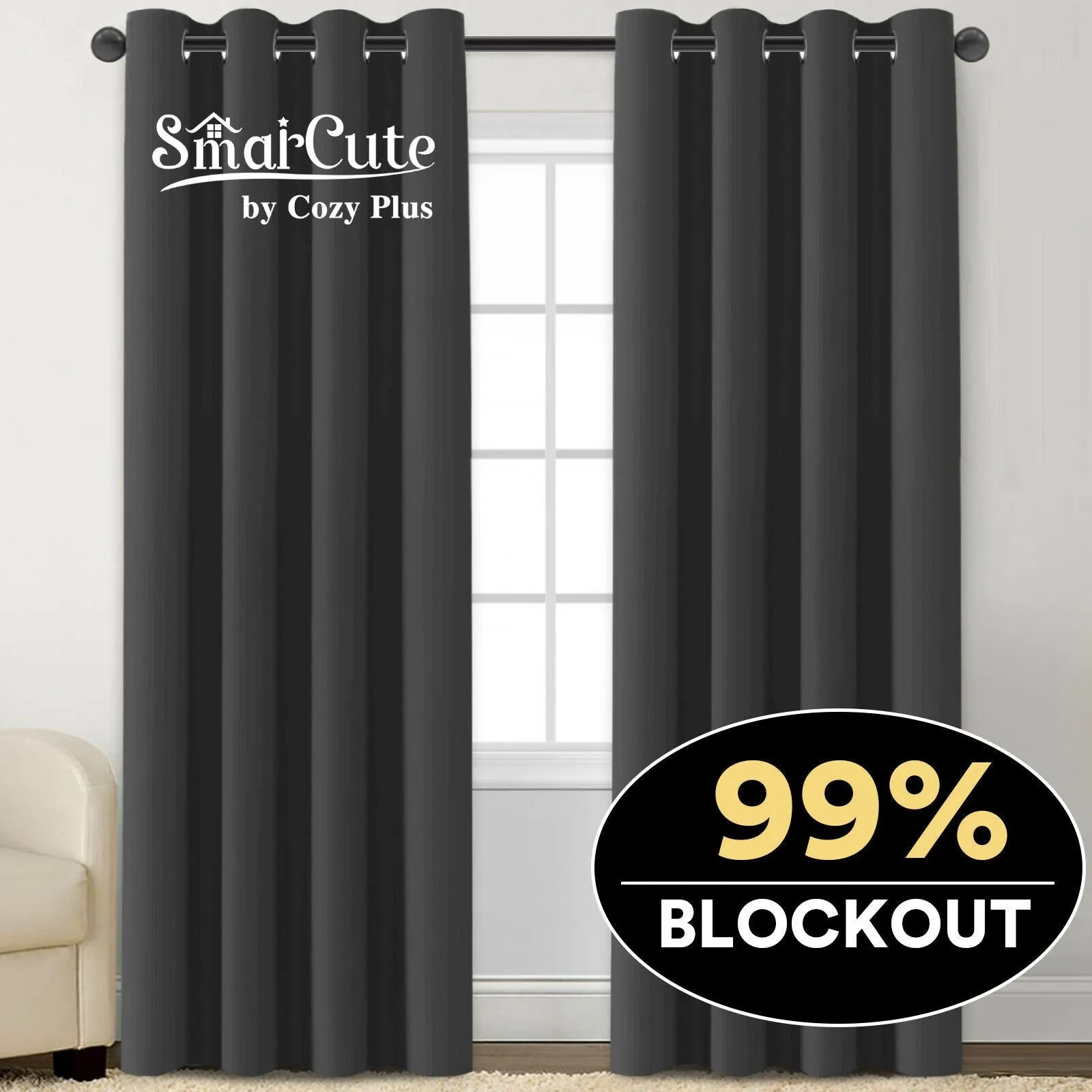 2 x Blockout Curtains Blackout Bedroom Curtain Draperies Eyelet ,Dark Grey
