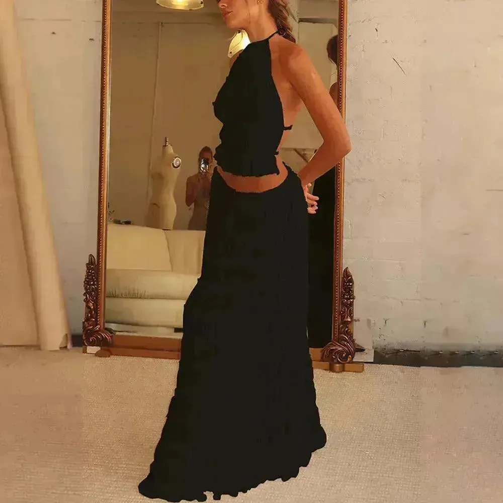 2pcs Women's Dress Suit Charming Sleeveless Backless Cropped Halter Top And Pleated Long Dress