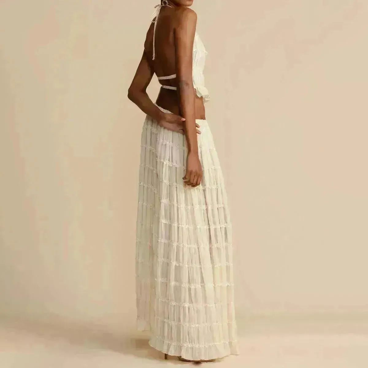 2pcs Women's Dress Suit Charming Sleeveless Backless Cropped Halter Top And Pleated Long Dress