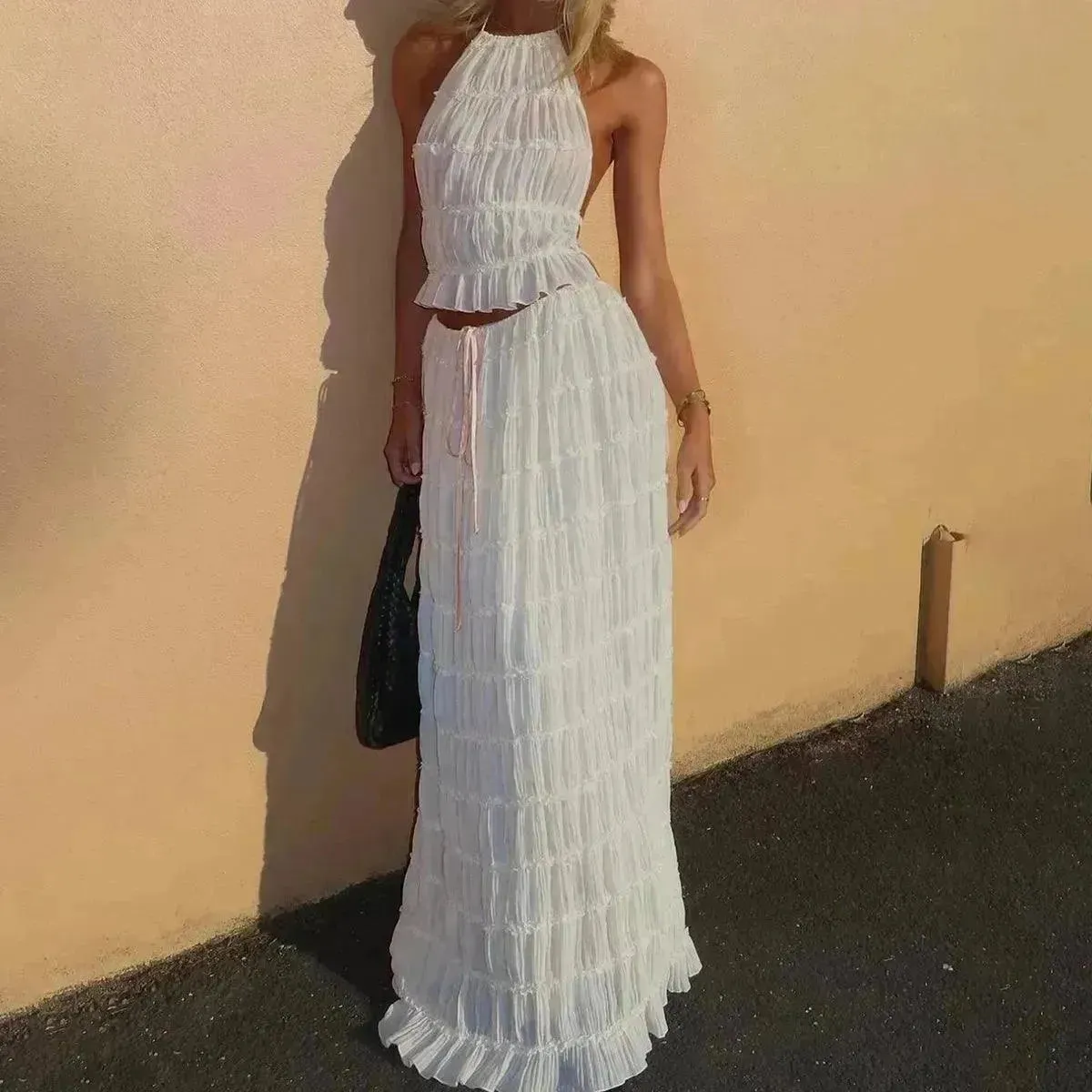 2pcs Women's Dress Suit Charming Sleeveless Backless Cropped Halter Top And Pleated Long Dress