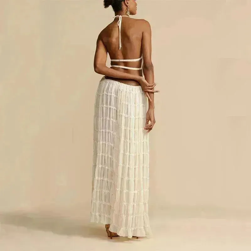2pcs Women's Dress Suit Charming Sleeveless Backless Cropped Halter Top And Pleated Long Dress