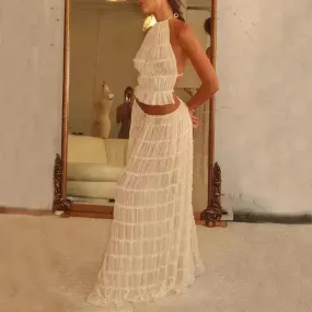 2pcs Women's Dress Suit Charming Sleeveless Backless Cropped Halter Top And Pleated Long Dress