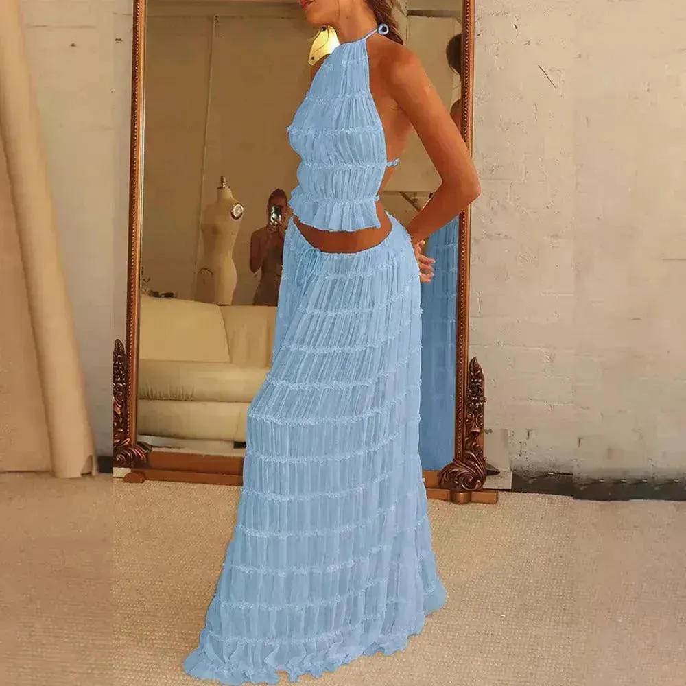 2pcs Women's Dress Suit Charming Sleeveless Backless Cropped Halter Top And Pleated Long Dress