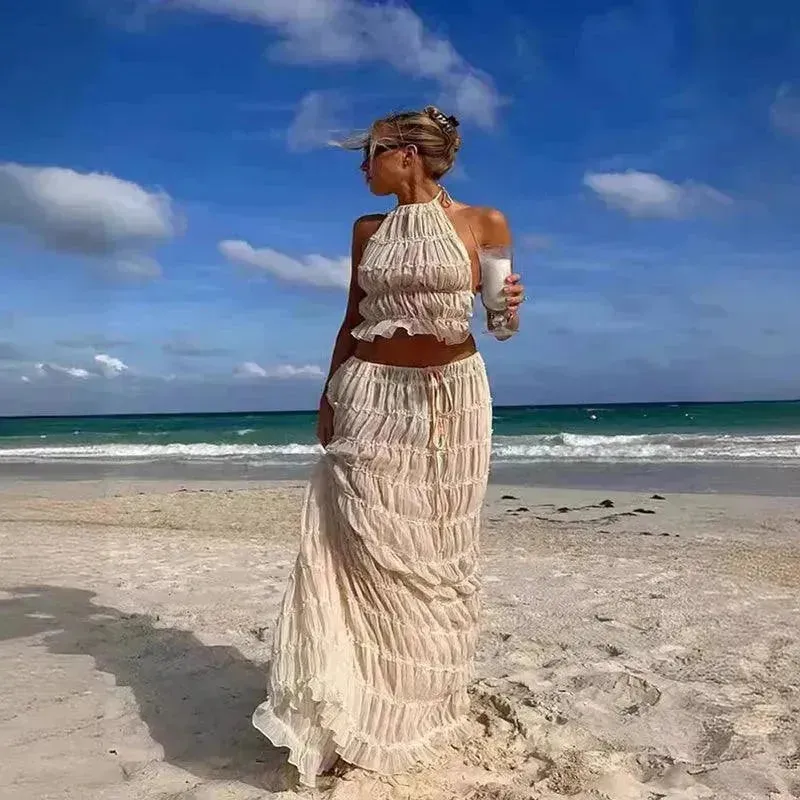 2pcs Women's Dress Suit Charming Sleeveless Backless Cropped Halter Top And Pleated Long Dress