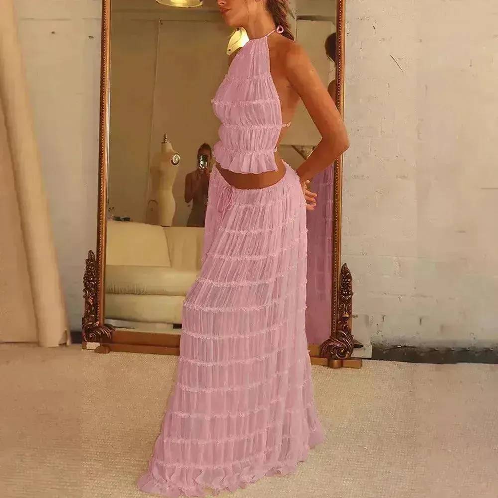 2pcs Women's Dress Suit Charming Sleeveless Backless Cropped Halter Top And Pleated Long Dress