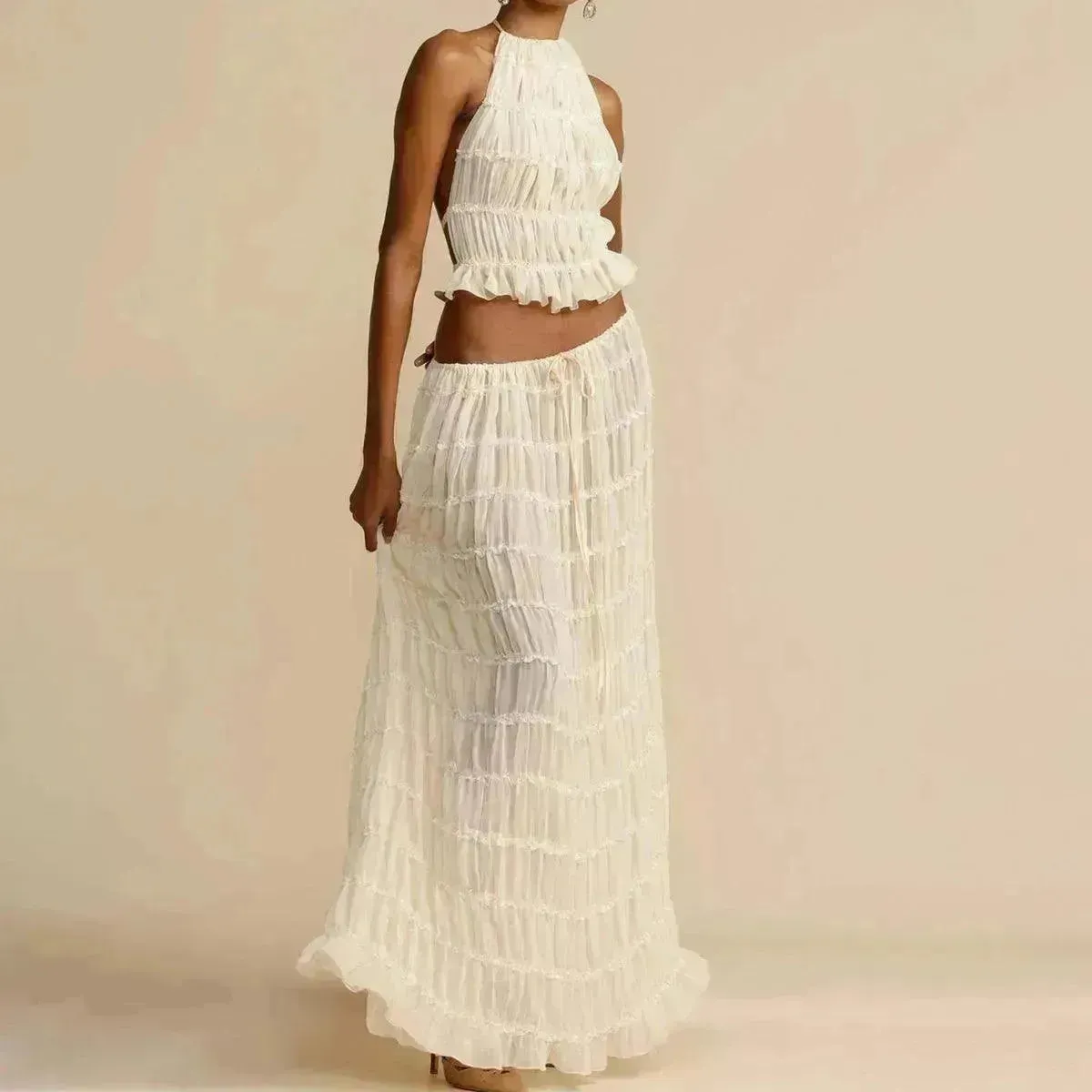 2pcs Women's Dress Suit Charming Sleeveless Backless Cropped Halter Top And Pleated Long Dress