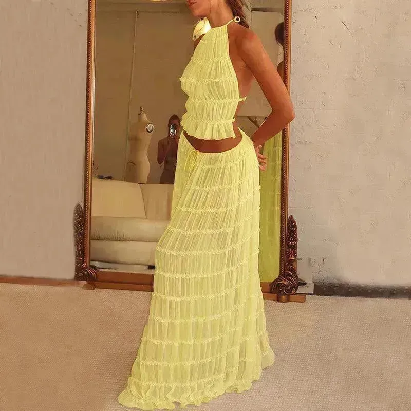 2pcs Women's Dress Suit Charming Sleeveless Backless Cropped Halter Top And Pleated Long Dress