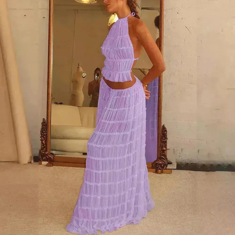 2pcs Women's Dress Suit Charming Sleeveless Backless Cropped Halter Top And Pleated Long Dress