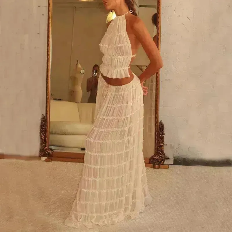 2pcs Women's Dress Suit Charming Sleeveless Backless Cropped Halter Top And Pleated Long Dress