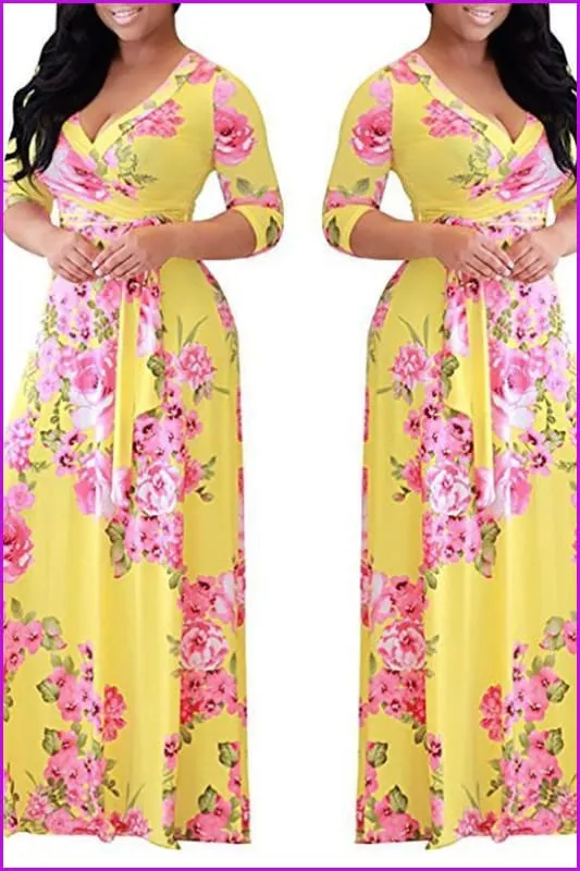 4 Colors Floral Printing Maxi Dress F114