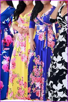 4 Colors Floral Printing Maxi Dress F114