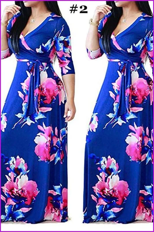 4 Colors Floral Printing Maxi Dress F114