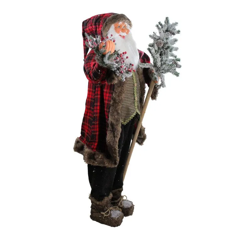 5' Red and Gray Standing Santa Claus Christmas Figurine with Flocked Alpine Tree
