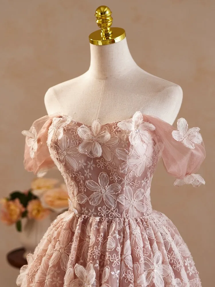 A-Line Off Shoulder Tulle Lace Short Prom Dress