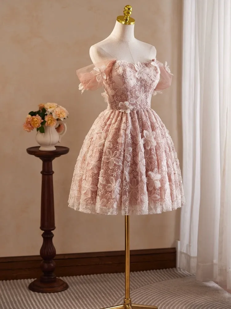 A-Line Off Shoulder Tulle Lace Short Prom Dress