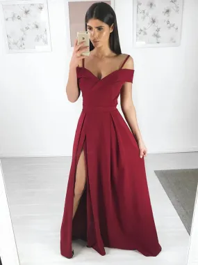 A Line Spaghetti Straps Off Shoulder Burgundy Long Prom with Side Slit, Burgundy Long Evening, Formal, Graduation