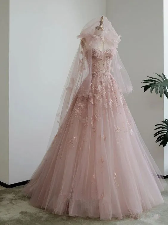 A line Spaghetti Straps Pink Tulle Prom Dresses for Teens       fg6964