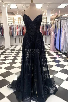 A Line V Neck Long Black Lace Prom Dress, Black Lace Formal Graduation Evening Dress