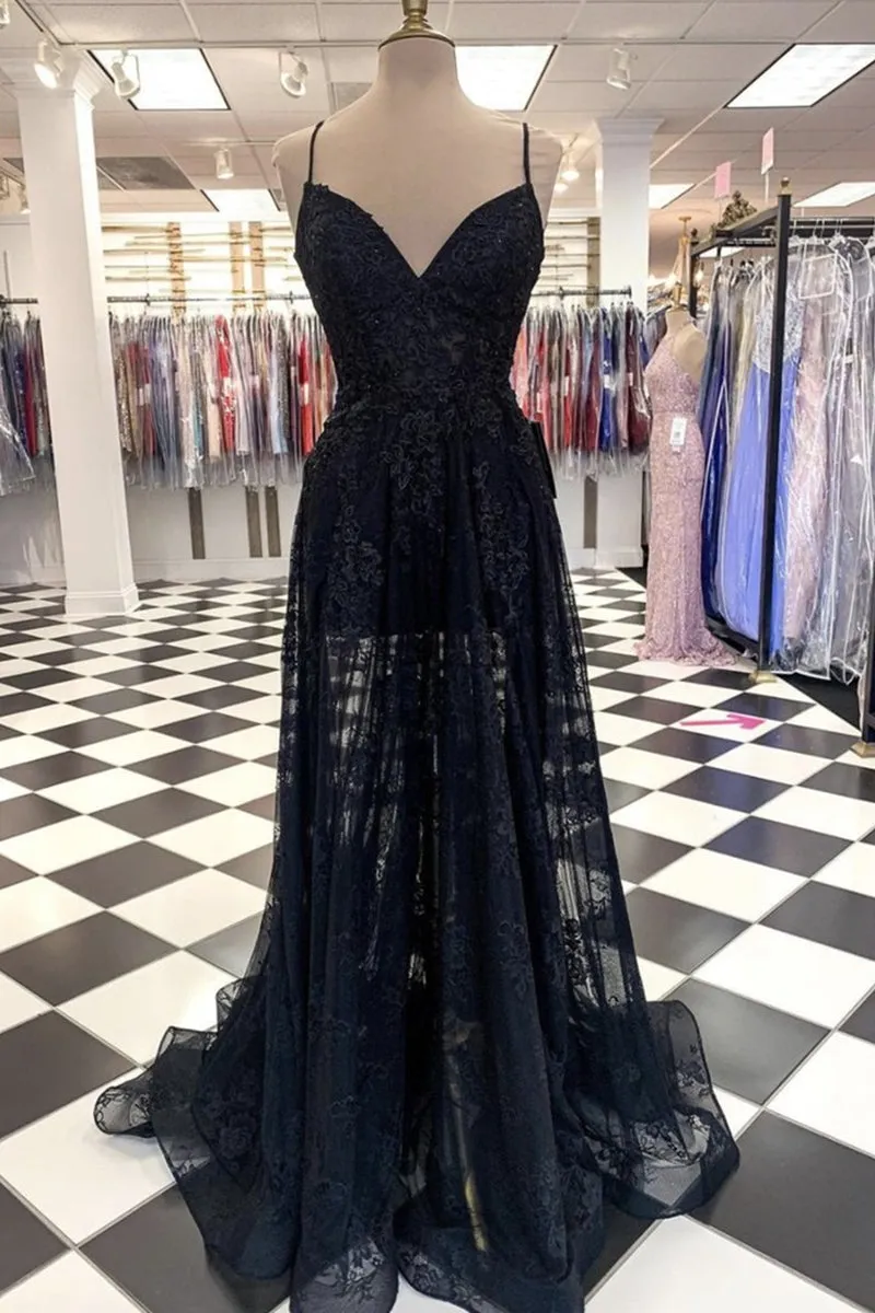 A Line V Neck Long Black Lace Prom Dress, Black Lace Formal Graduation Evening Dress