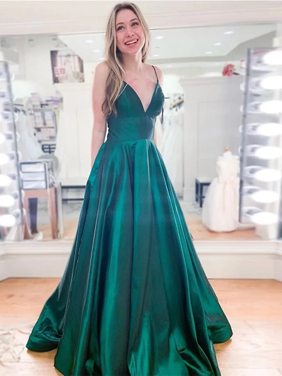A Line V Neck Spaghetti Straps Long Emerald Green Prom, V Neck Emerald Green Formal, Simple Green Evening