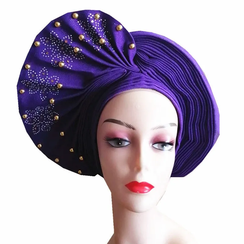 African Headtie Already Made Auto Gele Gold Headtie Turban Cap With Beads And Stones