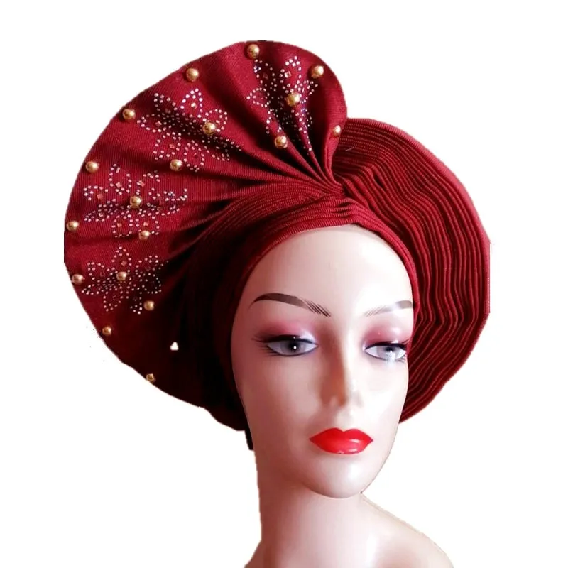 African Headtie Already Made Auto Gele Gold Headtie Turban Cap With Beads And Stones
