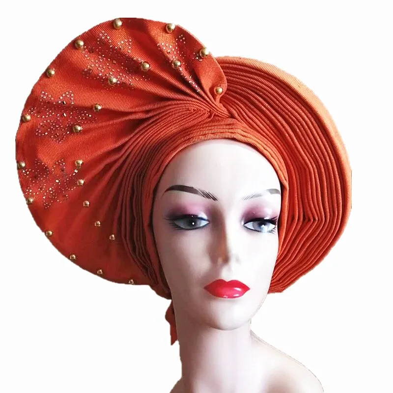 African Headtie Already Made Auto Gele Gold Headtie Turban Cap With Beads And Stones