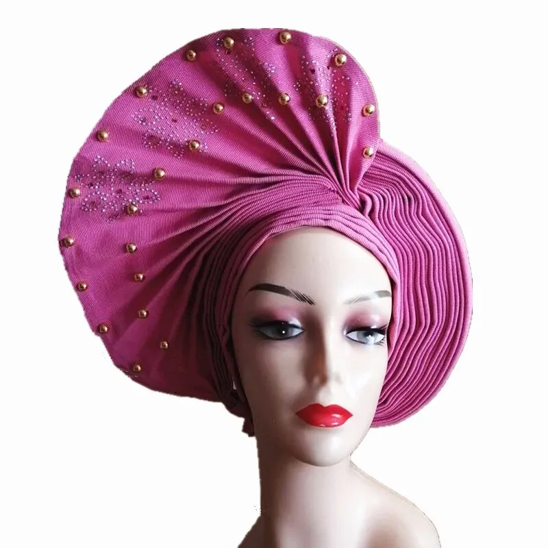 African Headtie Already Made Auto Gele Gold Headtie Turban Cap With Beads And Stones
