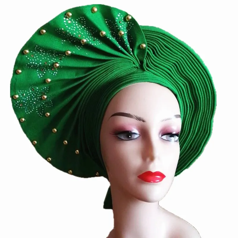 African Headtie Already Made Auto Gele Gold Headtie Turban Cap With Beads And Stones