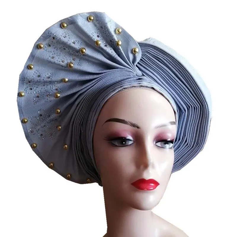 African Headtie Already Made Auto Gele Gold Headtie Turban Cap With Beads And Stones