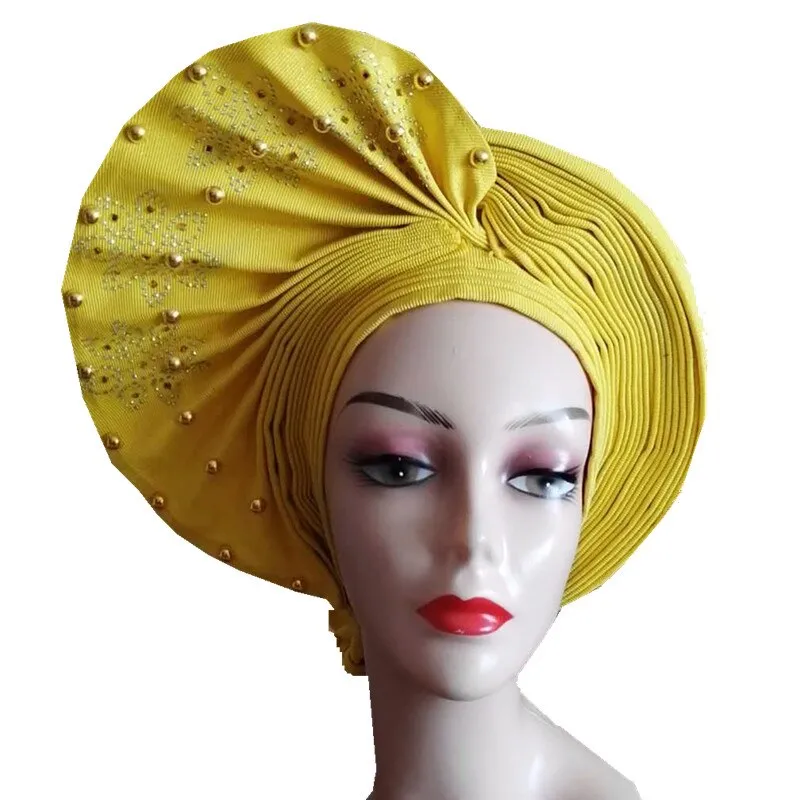 African Headtie Already Made Auto Gele Gold Headtie Turban Cap With Beads And Stones