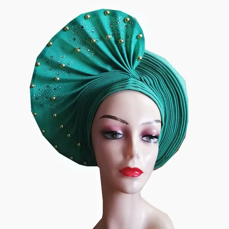 African Headtie Already Made Auto Gele Gold Headtie Turban Cap With Beads And Stones