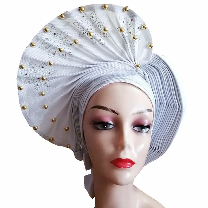 African Headtie Already Made Auto Gele Gold Headtie Turban Cap With Beads And Stones