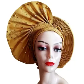 African Headtie Already Made Auto Gele Gold Headtie Turban Cap With Beads And Stones