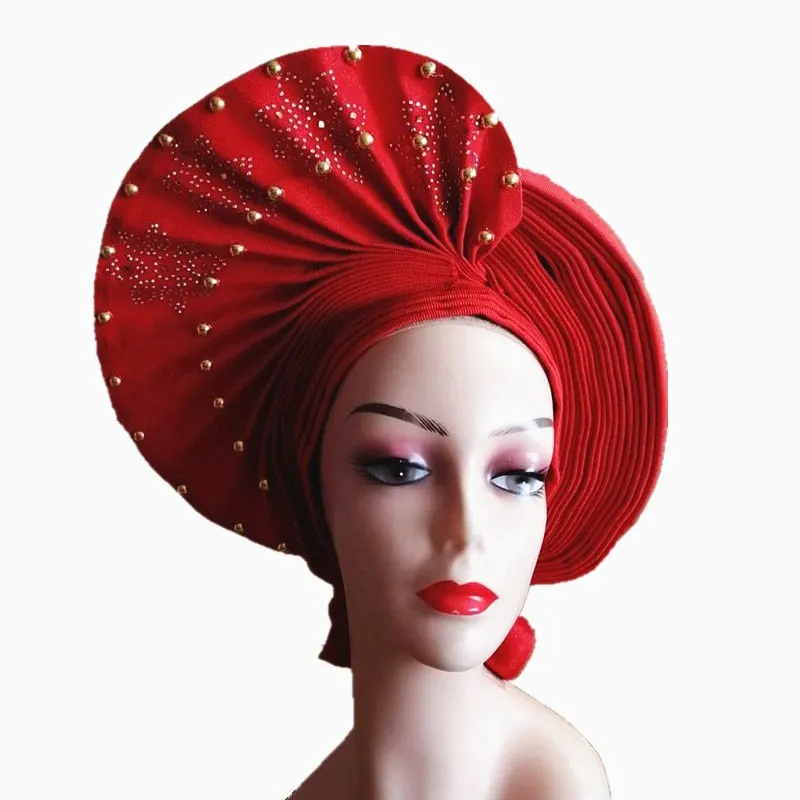 African Headtie Already Made Auto Gele Gold Headtie Turban Cap With Beads And Stones