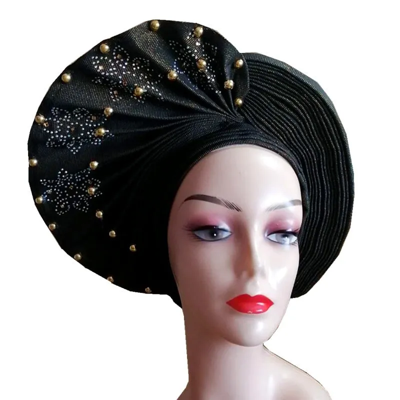 African Headtie Already Made Auto Gele Gold Headtie Turban Cap With Beads And Stones