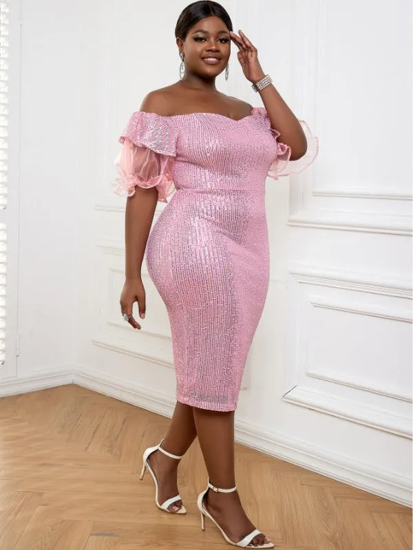 AOMEI Strapless Lady Glitter Sequin Dress Midi Puff Sleeve