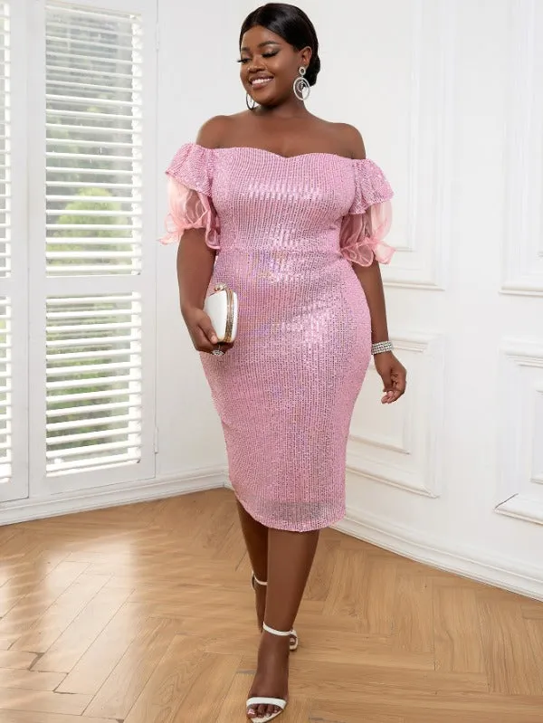 AOMEI Strapless Lady Glitter Sequin Dress Midi Puff Sleeve