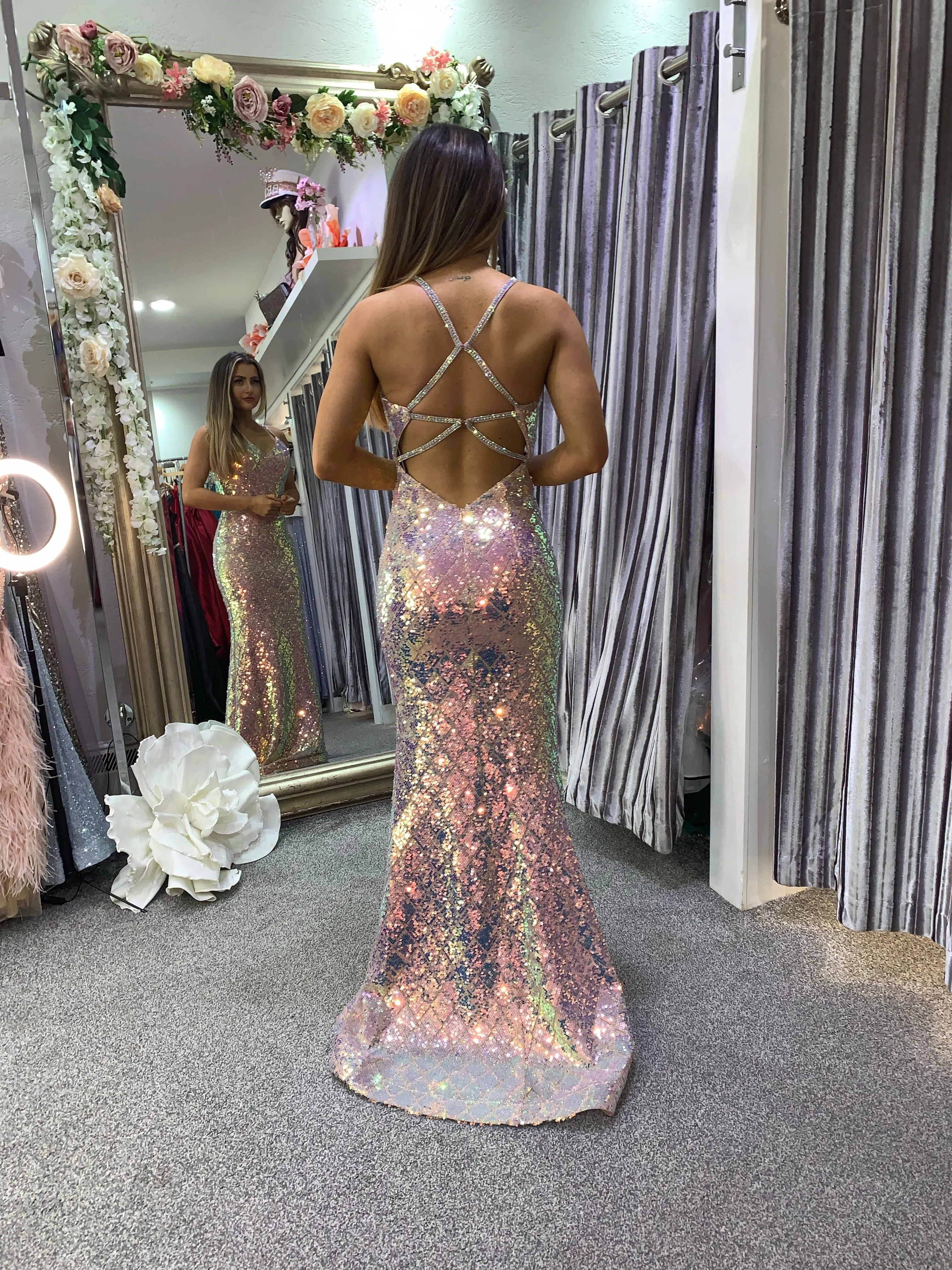 Aura two tone sequin prom dress long formal gown