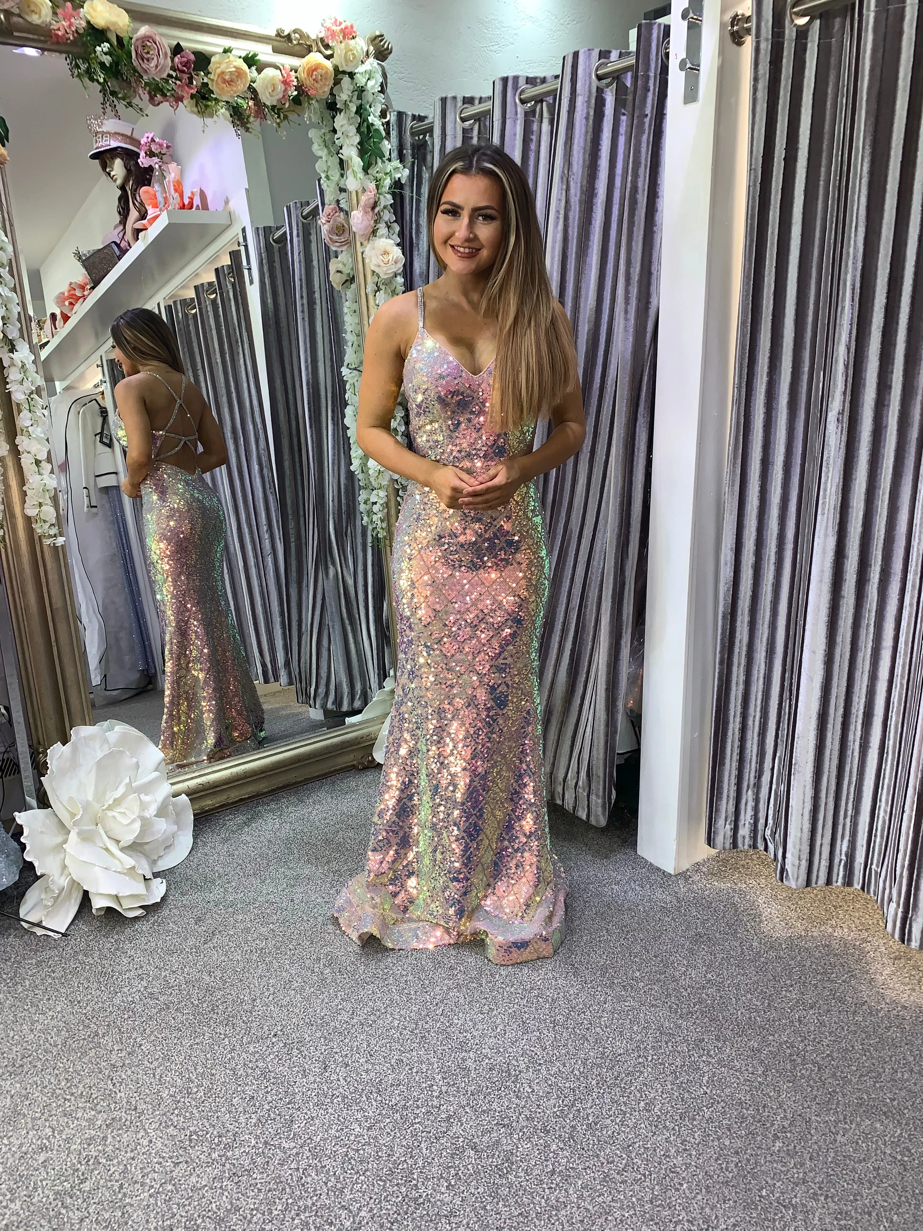 Aura two tone sequin prom dress long formal gown