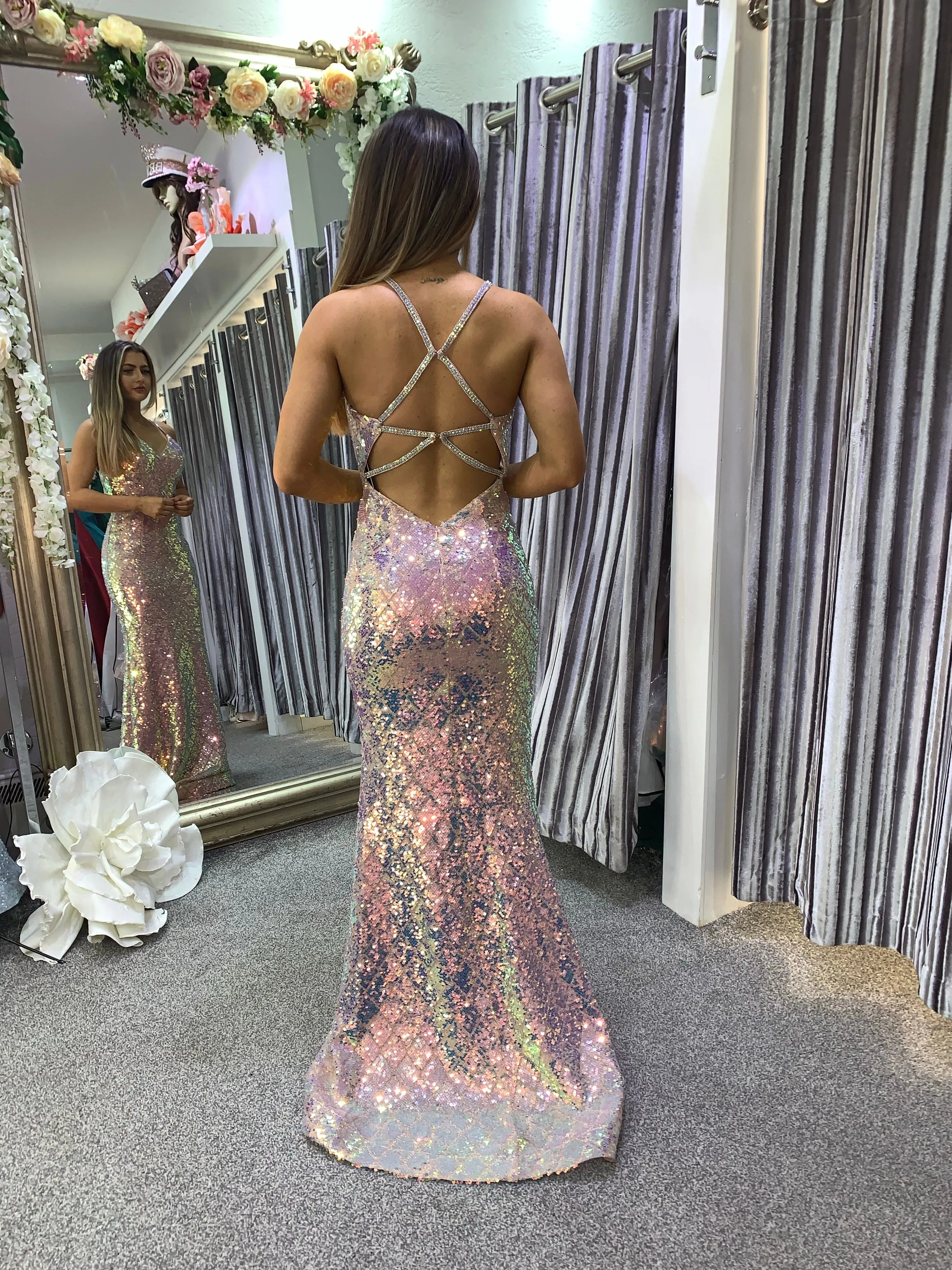 Aura two tone sequin prom dress long formal gown